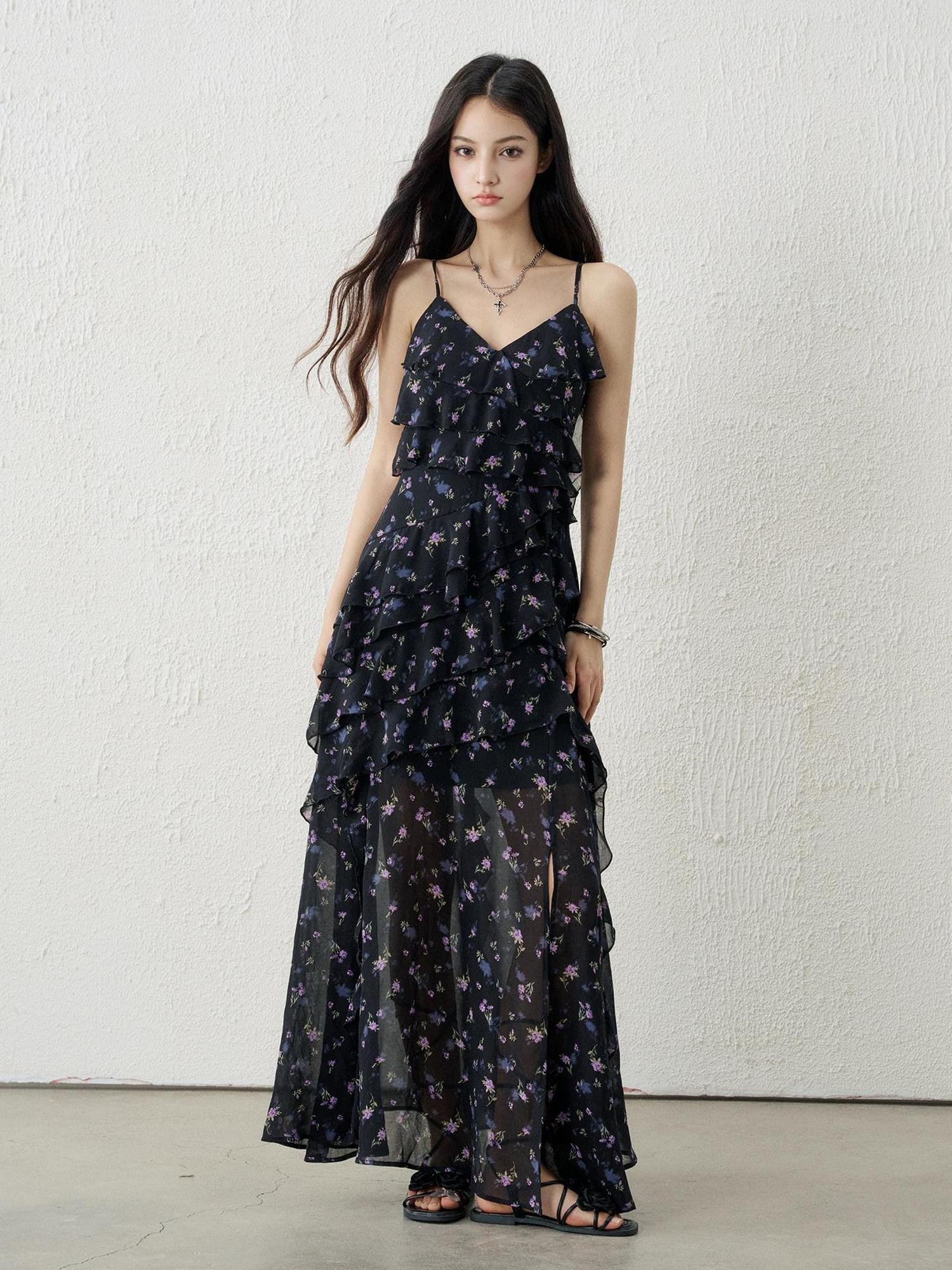 LADYGHOST Ethereal Black Purple Floral French Spaghetti Strap Women&