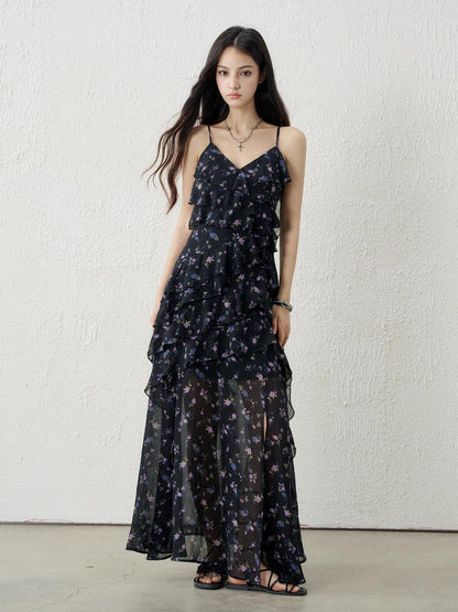 LADYGHOST Ethereal Black Purple Floral French Spaghetti Strap Women&