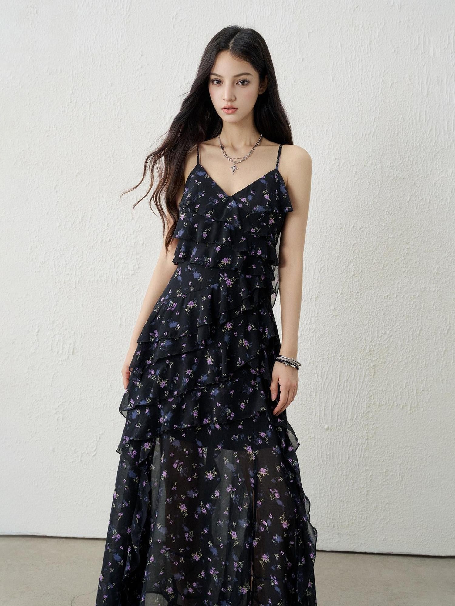 LADYGHOST Ethereal Black Purple Floral French Spaghetti Strap Women&