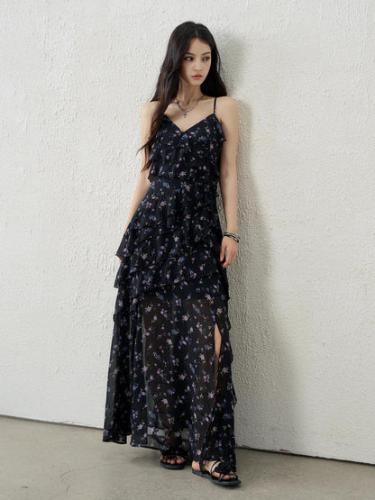 LADYGHOST Ethereal Black Purple Floral French Spaghetti Strap Women&