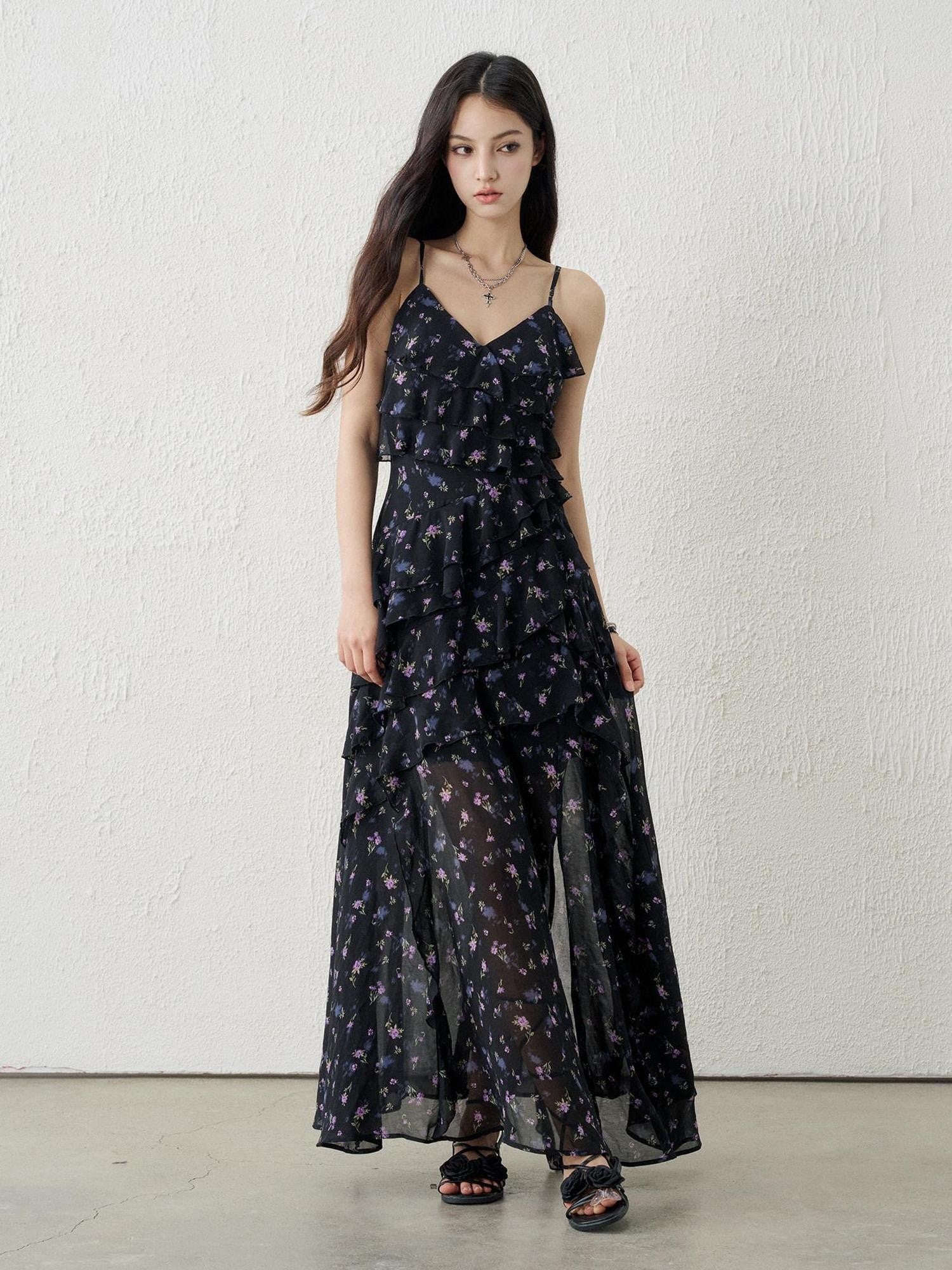LADYGHOST Ethereal Black Purple Floral French Spaghetti Strap Women&