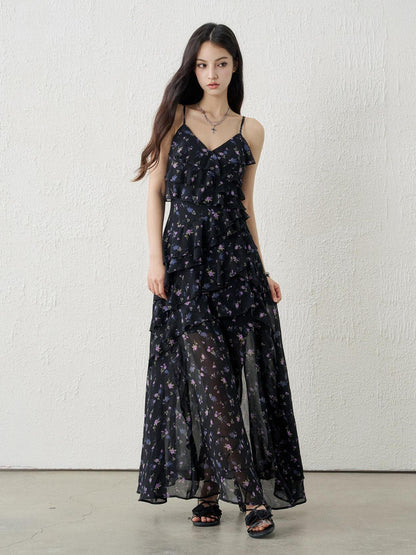 LADYGHOST Ethereal Black Purple Floral French Spaghetti Strap Women&