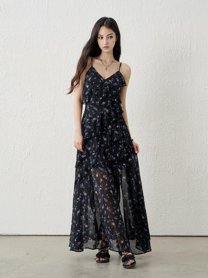 LADYGHOST Ethereal Black Purple Floral French Spaghetti Strap Women&