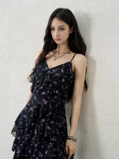 LADYGHOST Ethereal Black Purple Floral French Spaghetti Strap Women&