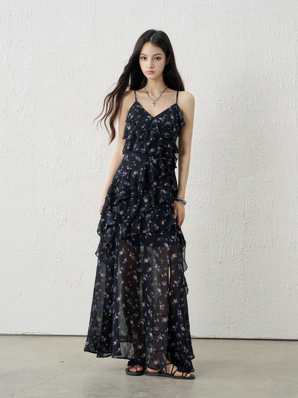 LADYGHOST Ethereal Black Purple Floral French Spaghetti Strap Women&