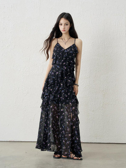 LADYGHOST Ethereal Black Purple Floral French Spaghetti Strap Women&