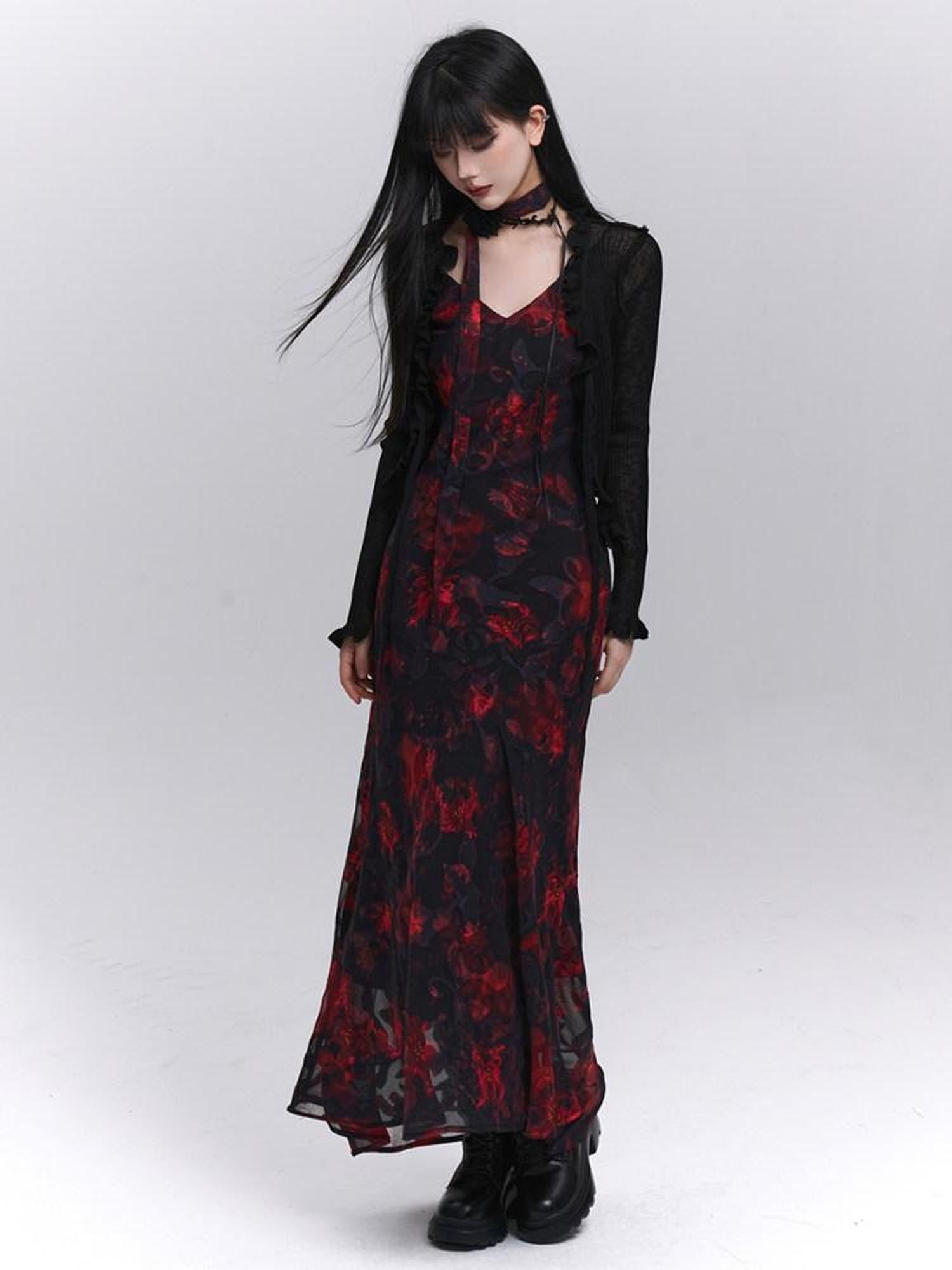LADYGHOST Ethereal Black Red Floral V-neck Open Back Women&