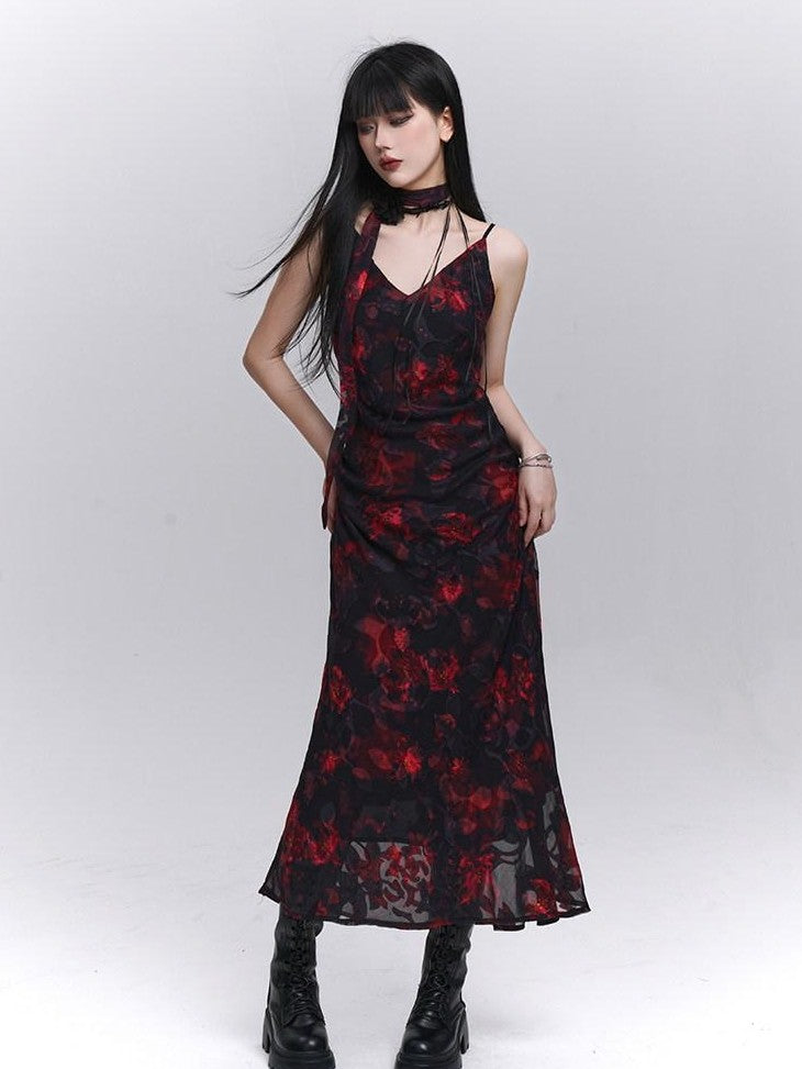 LADYGHOST Ethereal Black Red Floral V-neck Open Back Women&