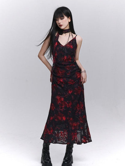 LADYGHOST Ethereal Black Red Floral V-neck Open Back Women&