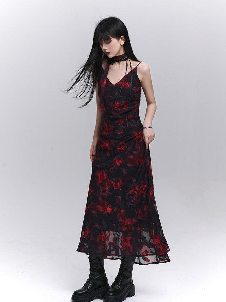 LADYGHOST Ethereal Black Red Floral V-neck Open Back Women&