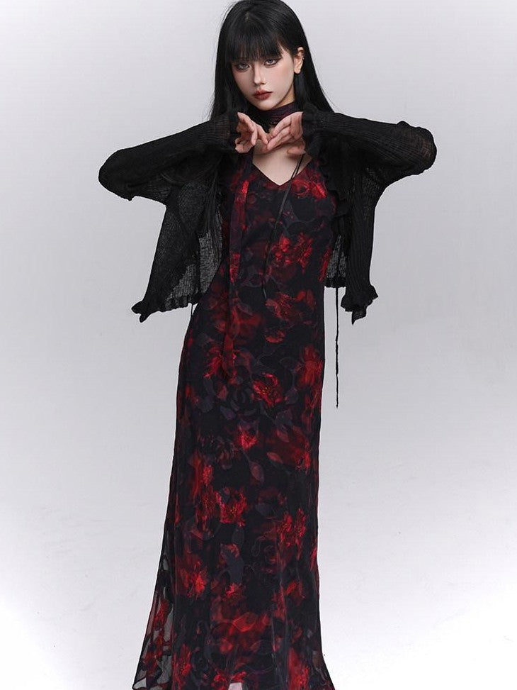 LADYGHOST Ethereal Black Red Floral V-neck Open Back Women&