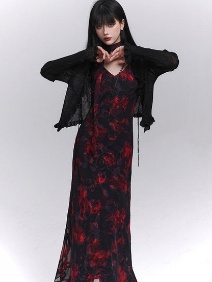 LADYGHOST Ethereal Black Red Floral V-neck Open Back Women&