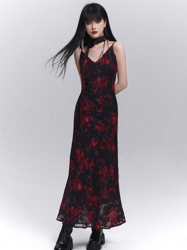 LADYGHOST Ethereal Black Red Floral V-neck Open Back Women&