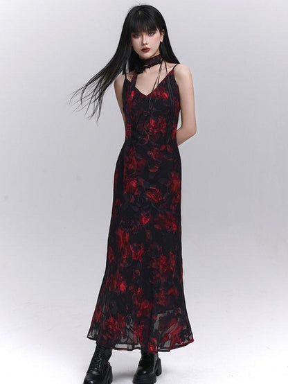 LADYGHOST Ethereal Black Red Floral V-neck Open Back Women&