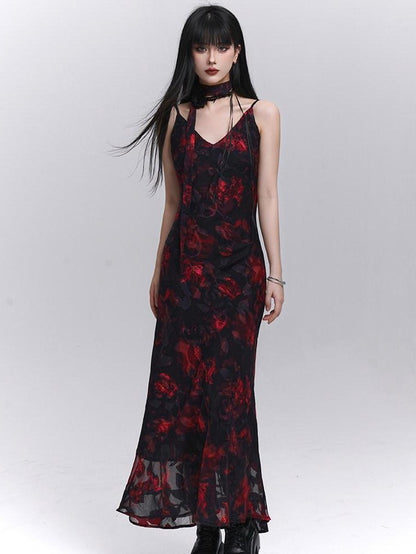 LADYGHOST Ethereal Black Red Floral V-neck Open Back Women&