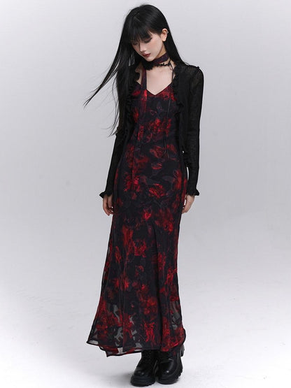 LADYGHOST Ethereal Black Red Floral V-neck Open Back Women&