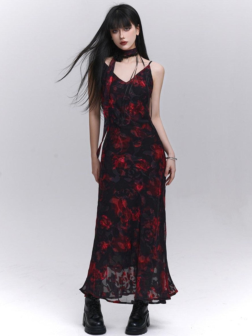 LADYGHOST Ethereal Black Red Floral V-neck Open Back Women&