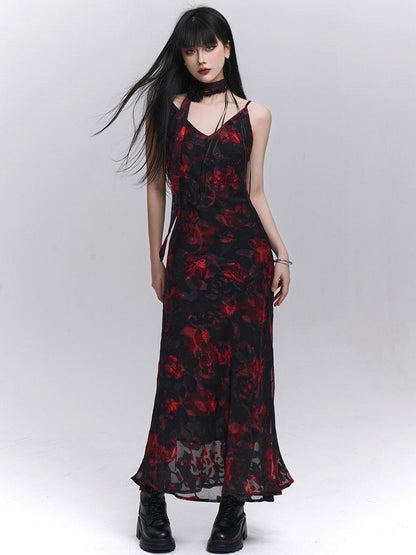 LADYGHOST Ethereal Black Red Floral V-neck Open Back Women&