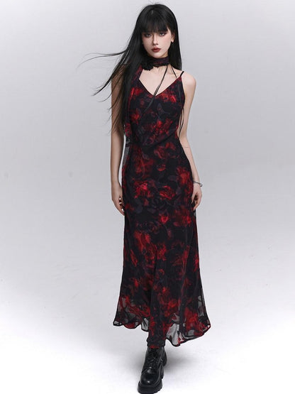 LADYGHOST Ethereal Black Red Floral V-neck Open Back Women&