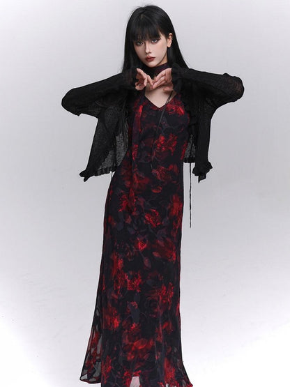 LADYGHOST Ethereal Black Red Floral V-neck Open Back Women&