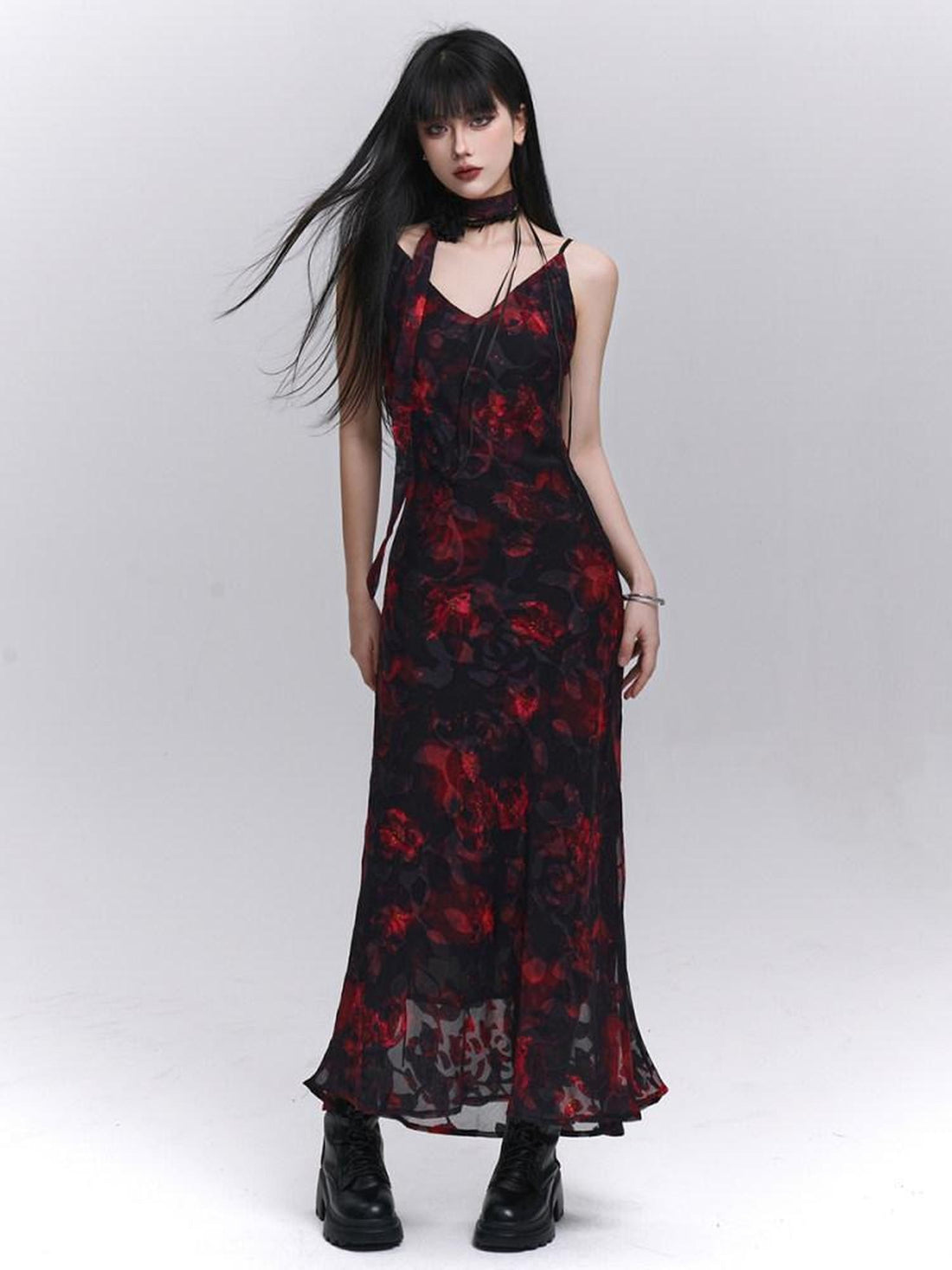 LADYGHOST Ethereal Black Red Floral V-neck Open Back Women&