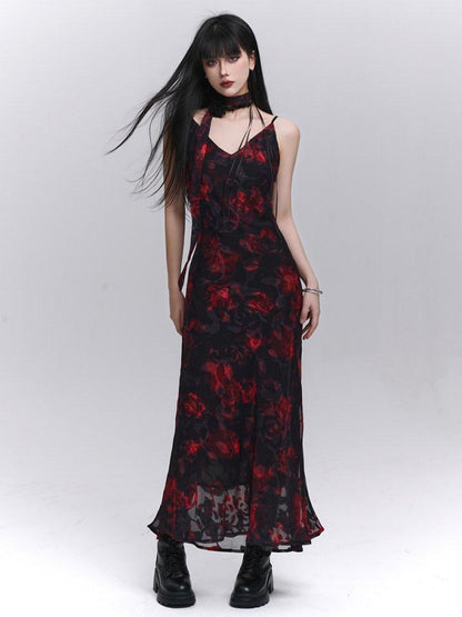 LADYGHOST Ethereal Black Red Floral V-neck Open Back Women&
