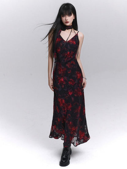 LADYGHOST Ethereal Black Red Floral V-neck Open Back Women&