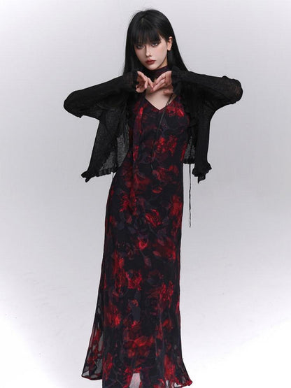 LADYGHOST Ethereal Black Red Floral V-neck Open Back Women&