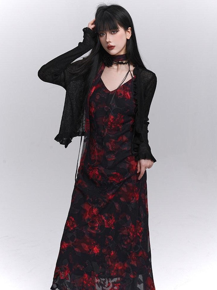 LADYGHOST Ethereal Black Red Floral V-neck Open Back Women&
