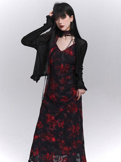 LADYGHOST Ethereal Black Red Floral V-neck Open Back Women&
