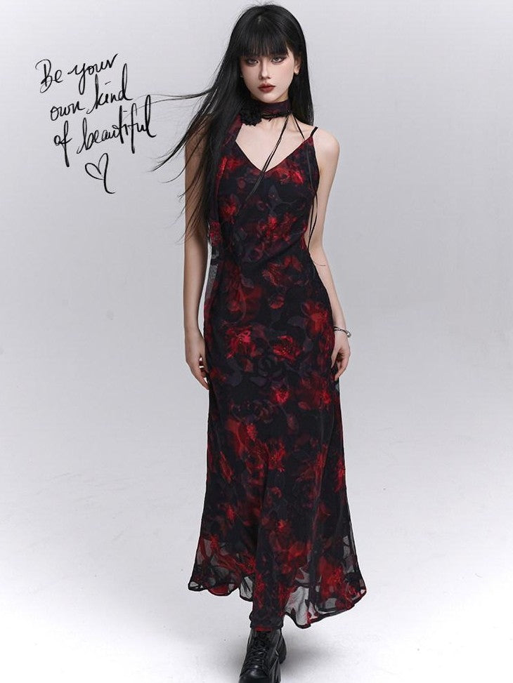 LADYGHOST Ethereal Black Red Floral V-neck Open Back Women&