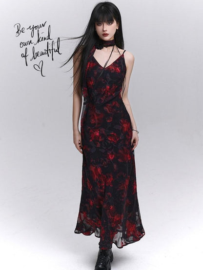 LADYGHOST Ethereal Black Red Floral V-neck Open Back Women&