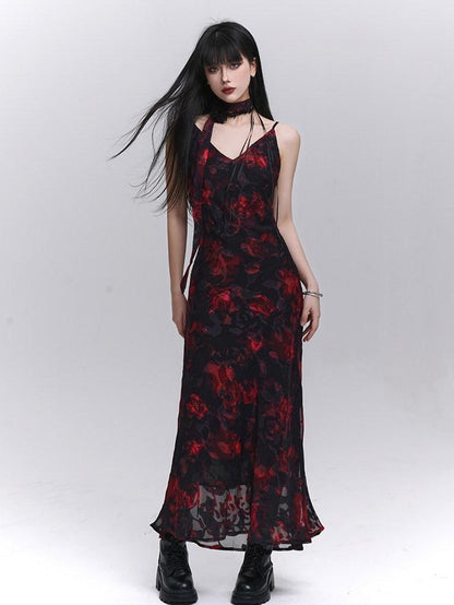 LADYGHOST Ethereal Black Red Floral V-neck Open Back Women&