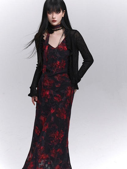 LADYGHOST Ethereal Black Red Floral V-neck Open Back Women&