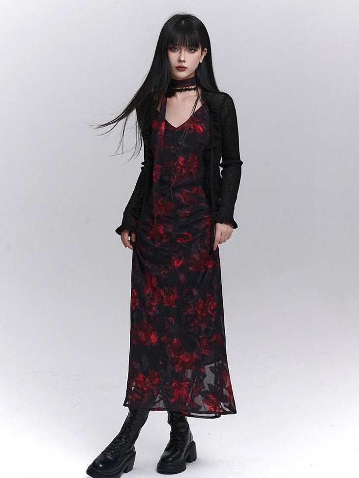 LADYGHOST Ethereal Black Red Floral V-neck Open Back Women&