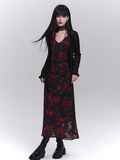 LADYGHOST Ethereal Black Red Floral V-neck Open Back Women&