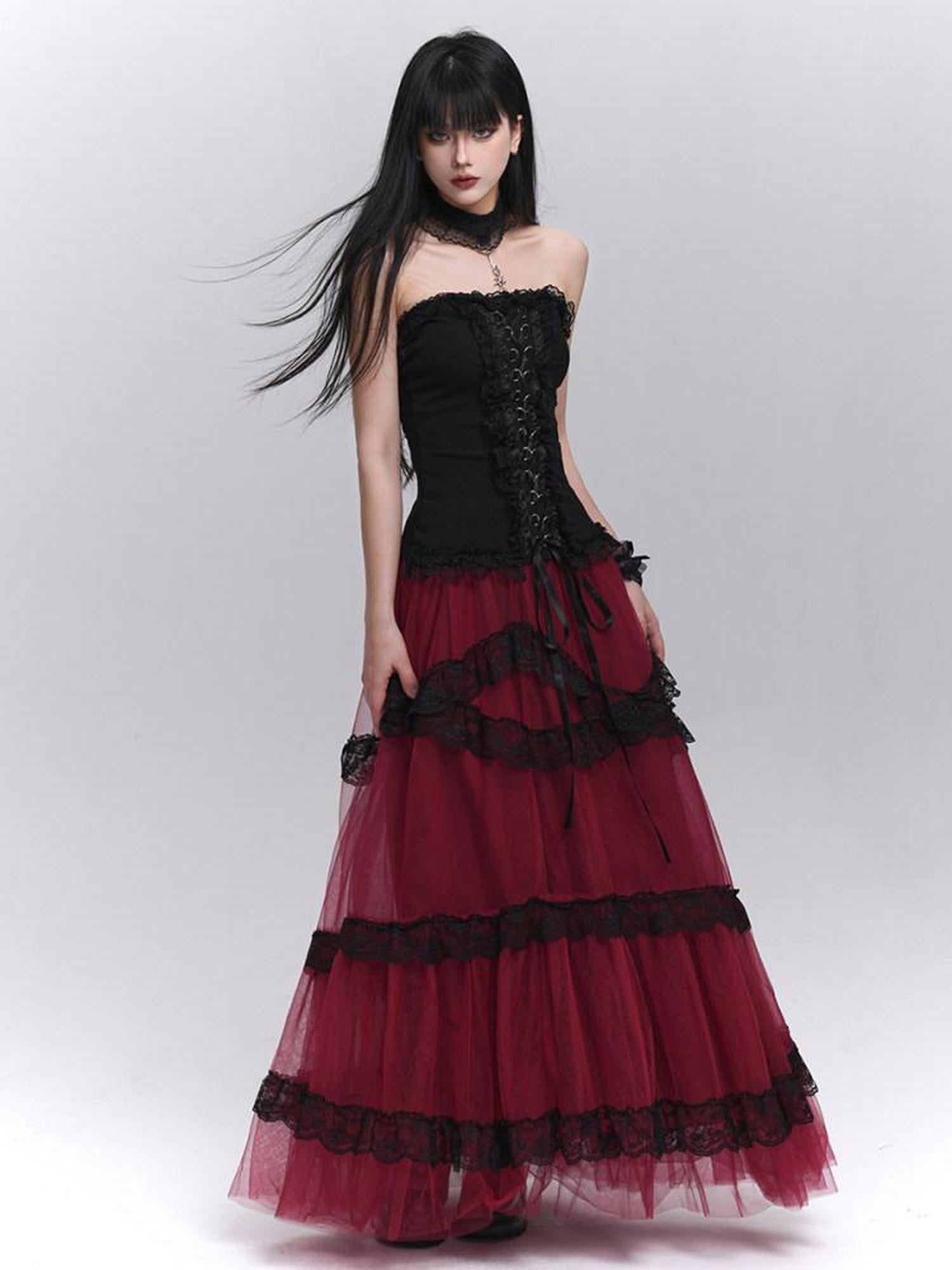 LADYGHOST Ethereal Black Red Layered Formal Women&