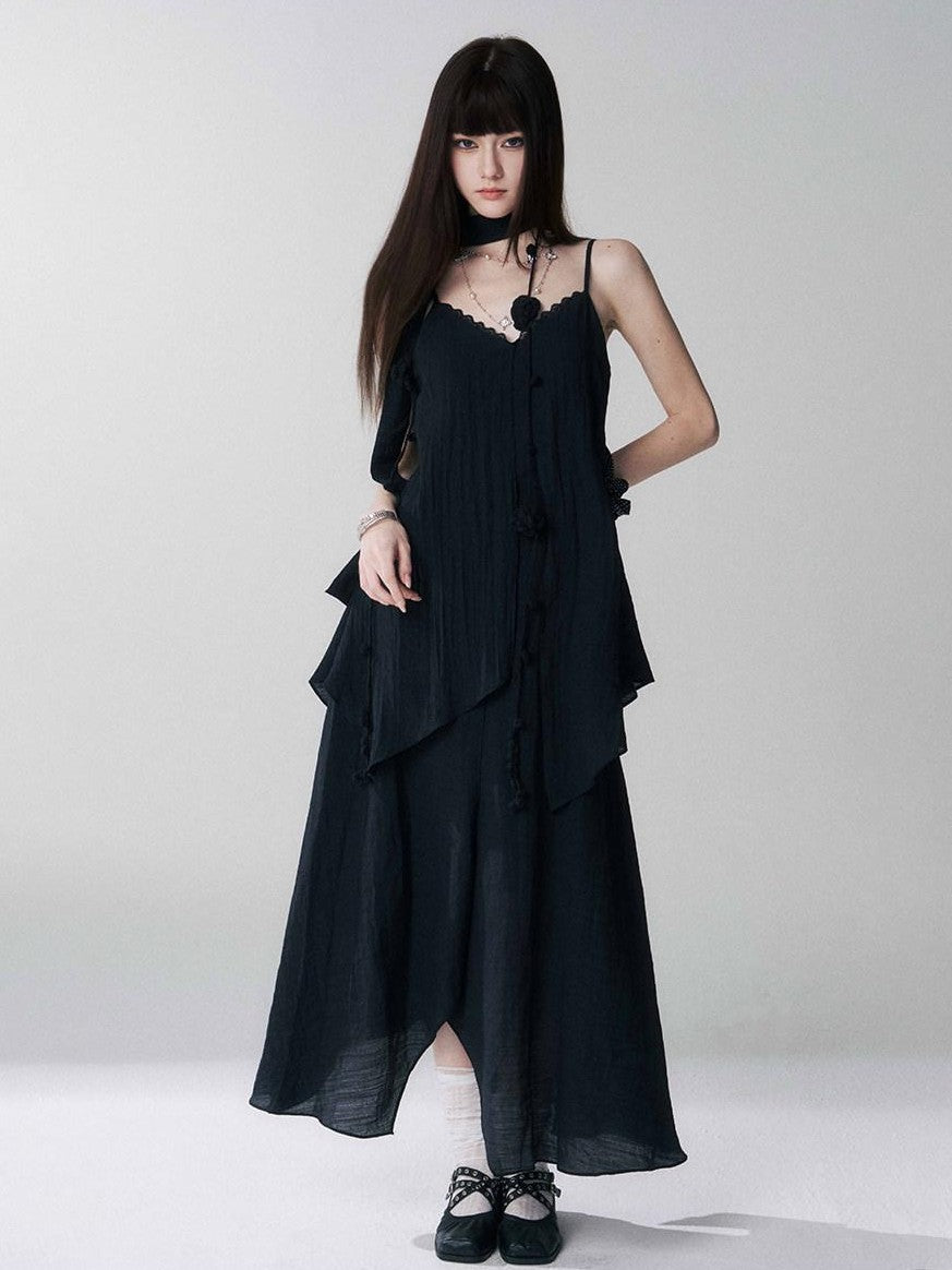 LADYGHOST Ethereal Black Spaghetti Strap Slimming Relaxed Women&