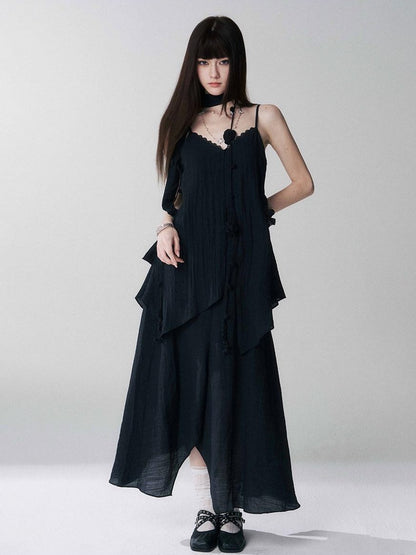 LADYGHOST Ethereal Black Spaghetti Strap Slimming Relaxed Women&