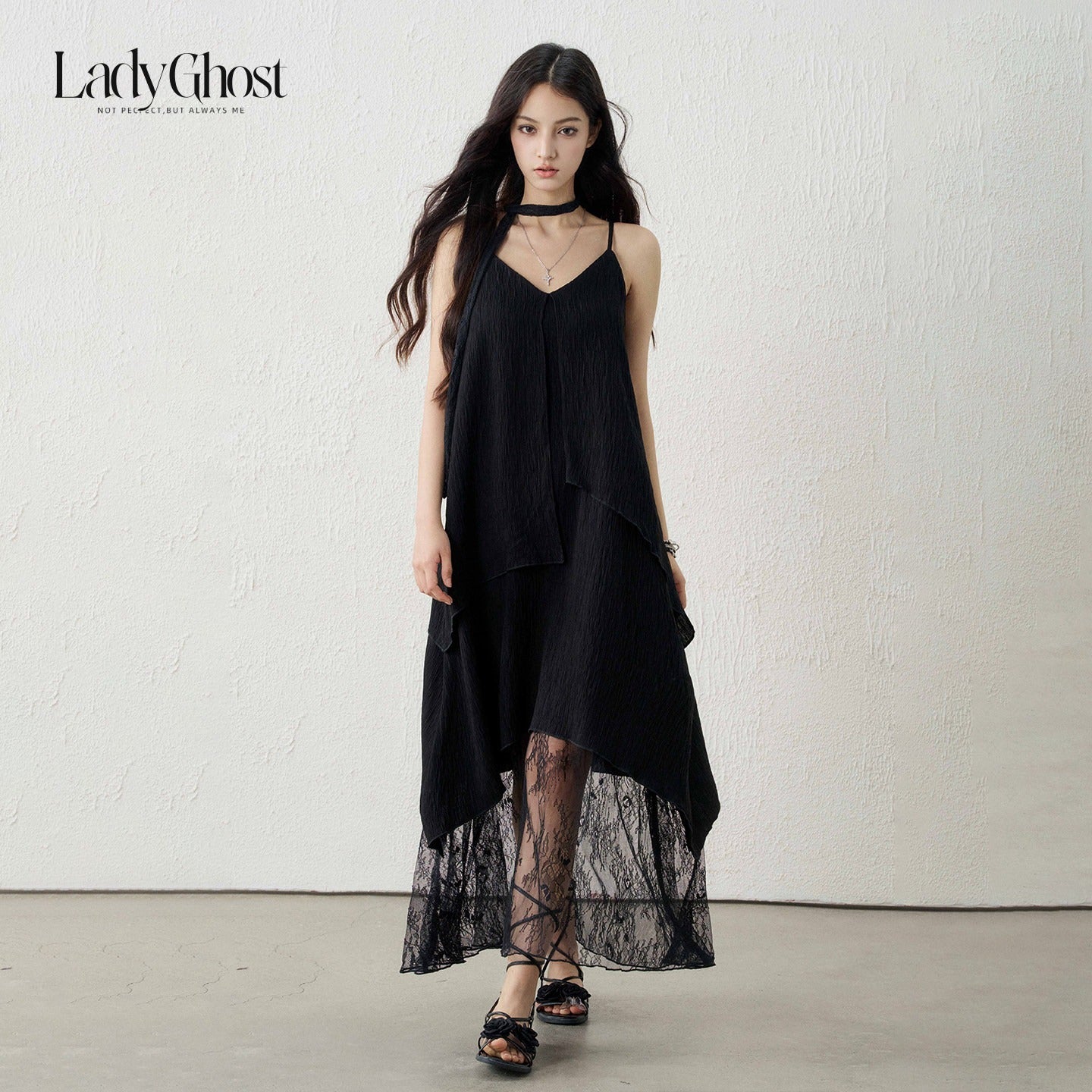 LADYGHOST_Ethereal_Black_V-neck_Spaghetti_Strap_Women&