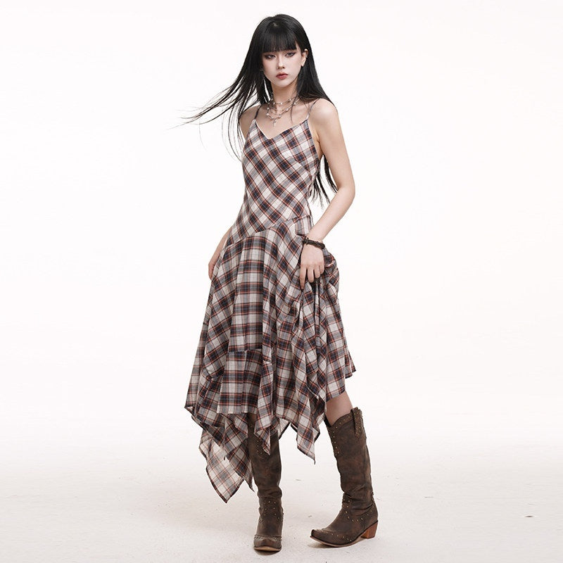 LADYGHOST_Ethereal_Checked_Asymmetrical_Hem_Spaghetti_Strap_Women&