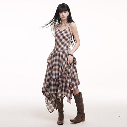 LADYGHOST_Ethereal_Checked_Asymmetrical_Hem_Spaghetti_Strap_Women&