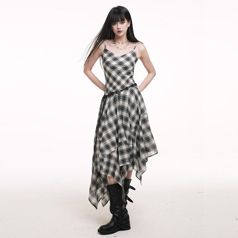 LADYGHOST_Ethereal_Checked_Asymmetrical_Hem_Spaghetti_Strap_Women&