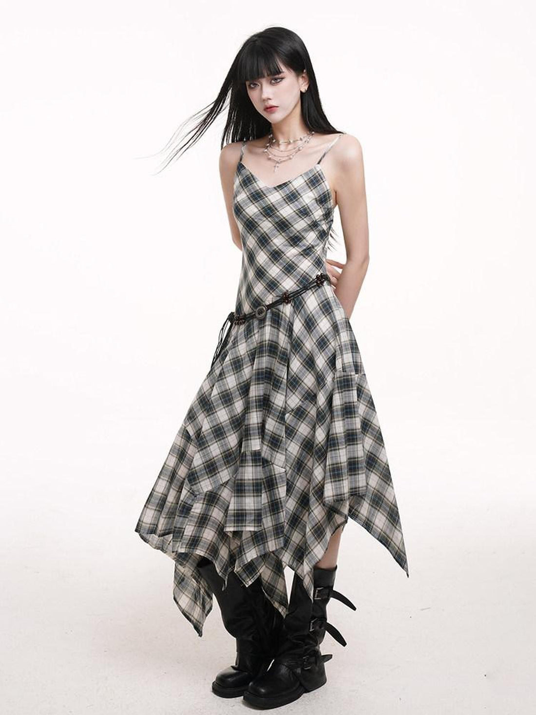 LADYGHOST Ethereal Checked Asymmetrical Hem Spaghetti Strap Women&