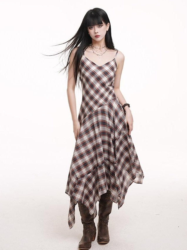 LADYGHOST Ethereal Checked Asymmetrical Hem Spaghetti Strap Women&
