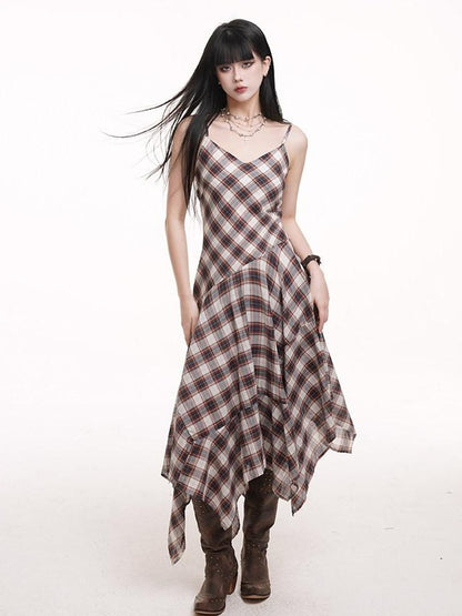 LADYGHOST Ethereal Checked Asymmetrical Hem Spaghetti Strap Women&