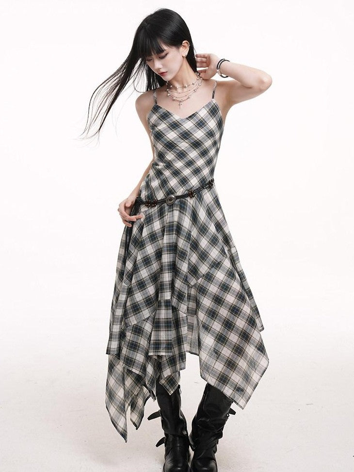 LADYGHOST Ethereal Checked Asymmetrical Hem Spaghetti Strap Women&