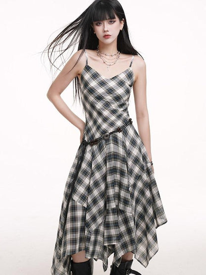 LADYGHOST Ethereal Checked Asymmetrical Hem Spaghetti Strap Women&