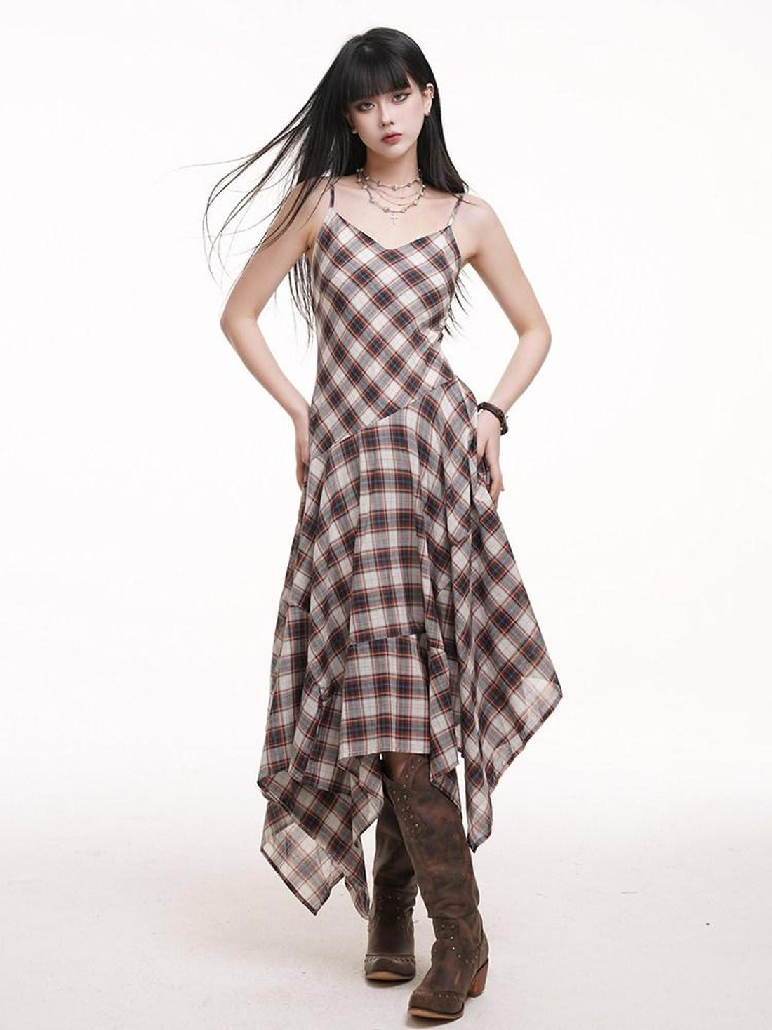 LADYGHOST Ethereal Checked Asymmetrical Hem Spaghetti Strap Women&