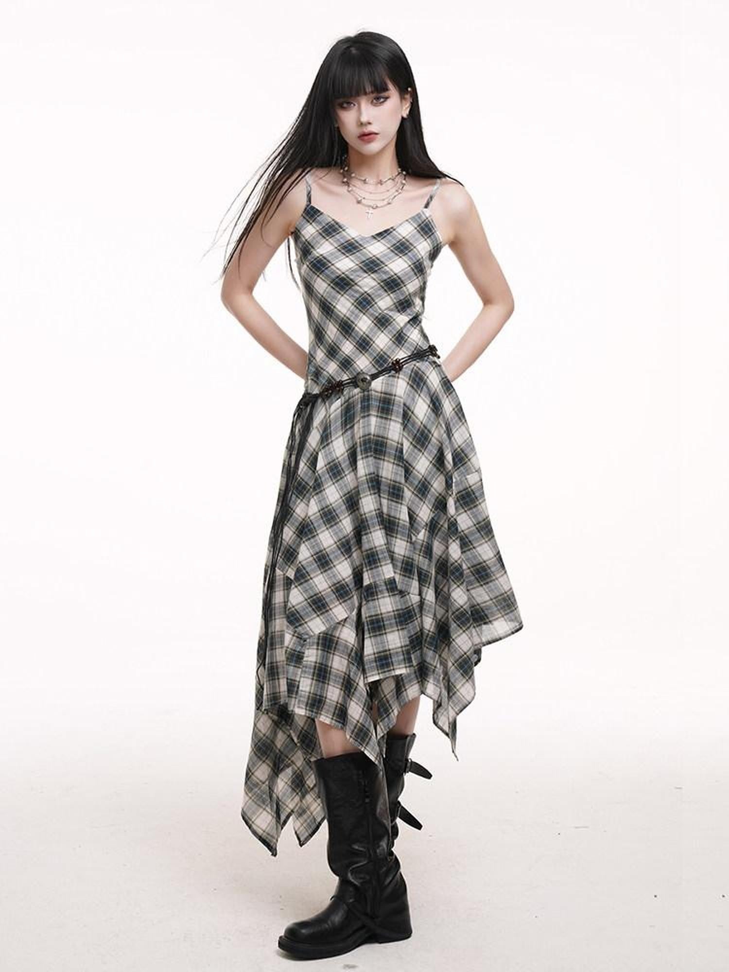 LADYGHOST Ethereal Checked Asymmetrical Hem Spaghetti Strap Women&
